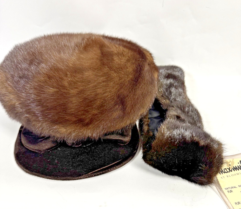 Vintage Eric Javits Mink Fur Hat, Trims, Brown, Black, White plus HAT BOX
